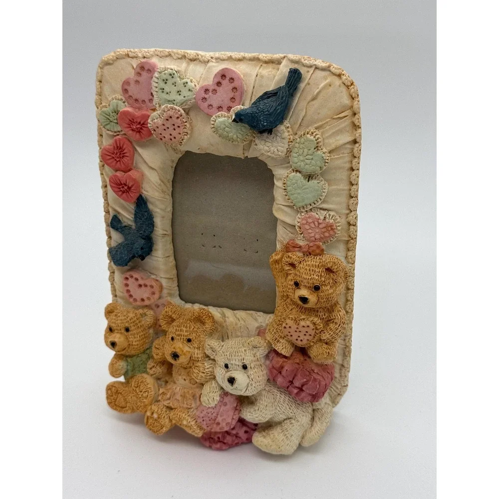 Vintage Fancy Frames 3D Resin Teddy Bear Picture Frame 1990s Heart Bird Detail